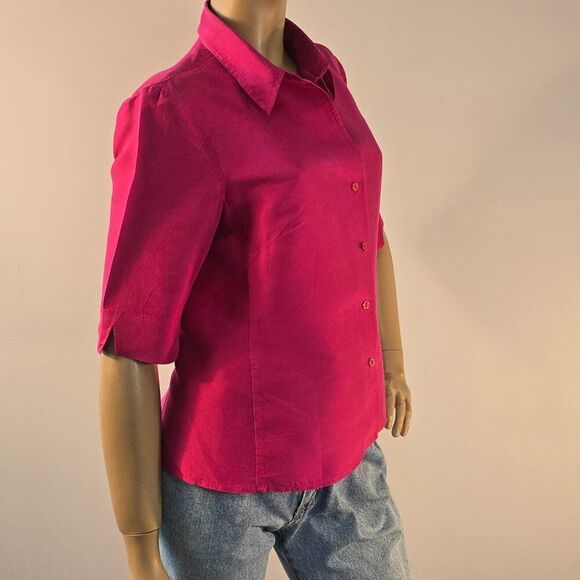 AK Anne Klein Button Front Silk Blouse Sz 10 Short Sleeve Magenta Hot Pink - Picture 4 of 9